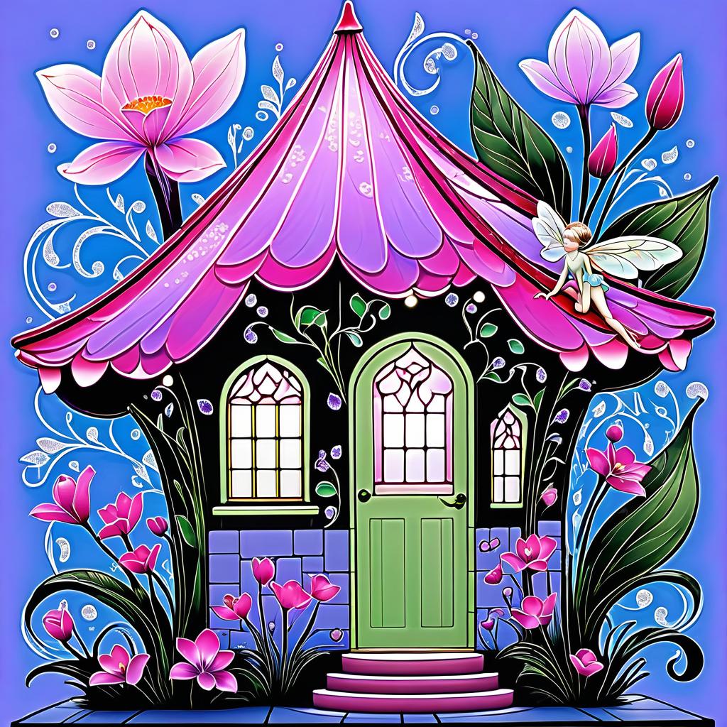  advertising poster style ((flower fairy shop1,5) ((a small house with a tiled roof and carved windows surrounded by flowers of scarlet, pink, crocus)) . ((in the bud of a blossoming flower sits an enchanting fairy and invites customers into her shop. (1.5 fine, fine fractal glitter bright petal line ink sketch on black background, (pixie petal silhouette 1.3), bud outline outline, bud outline, pixie fairy leaves with wings. (flower colour):alo pink, white pink, pearl blue, pearl blue, snow white) . (style):fantasy, art design, provence, advertising, window display, (colours):soft pink, light lavender, white, soft green, all pastel shades. . professional, modern, product focused, commercial, eye catching, highly detailed