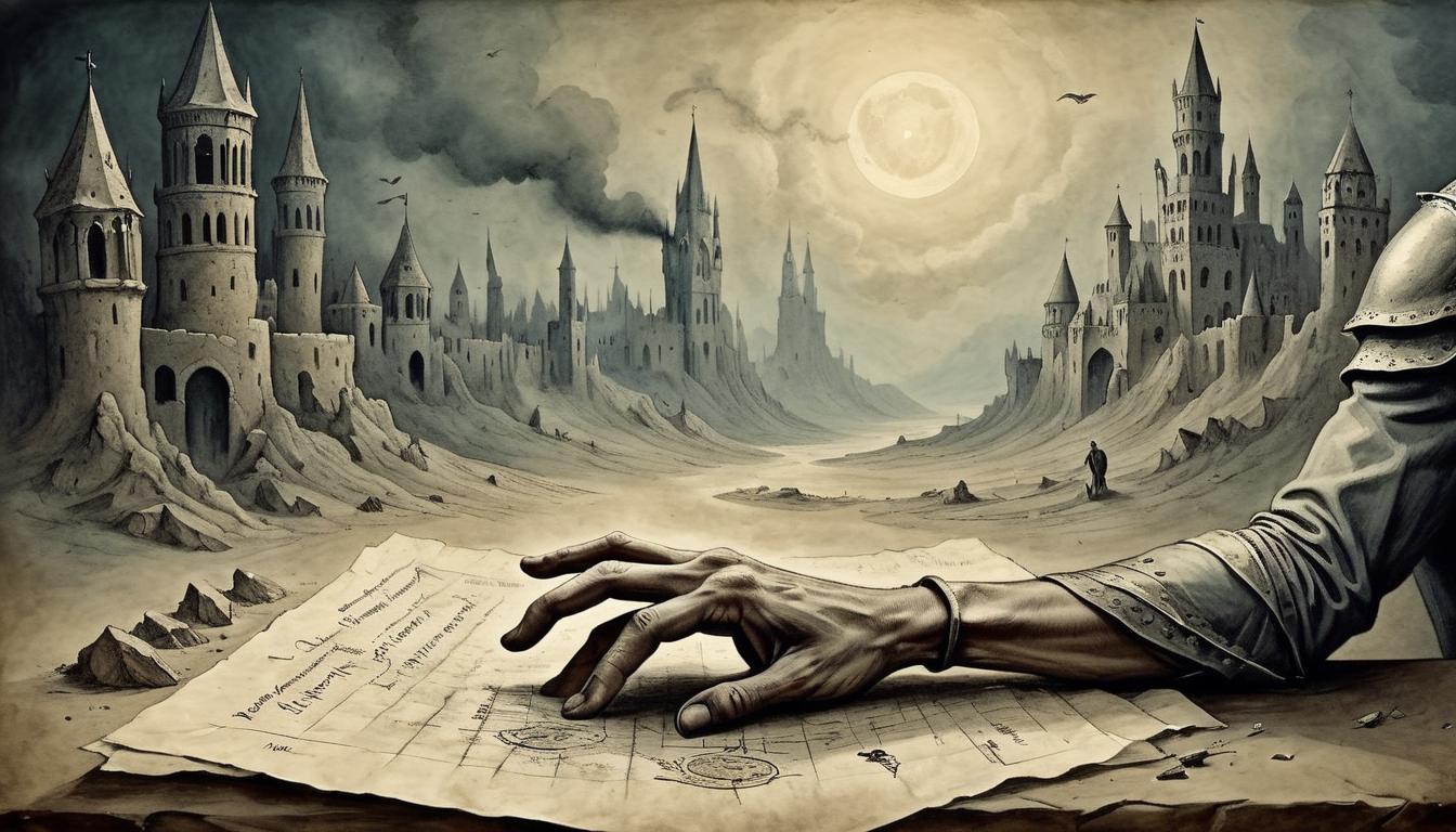  on parchment, surrealism+++, fingers clutching at fragments as dust slips away, remnants of pride vanishing, diminishing returns under a failing light, poignant and melancholic(mysterious, provocative, symbolic,muted color)+++