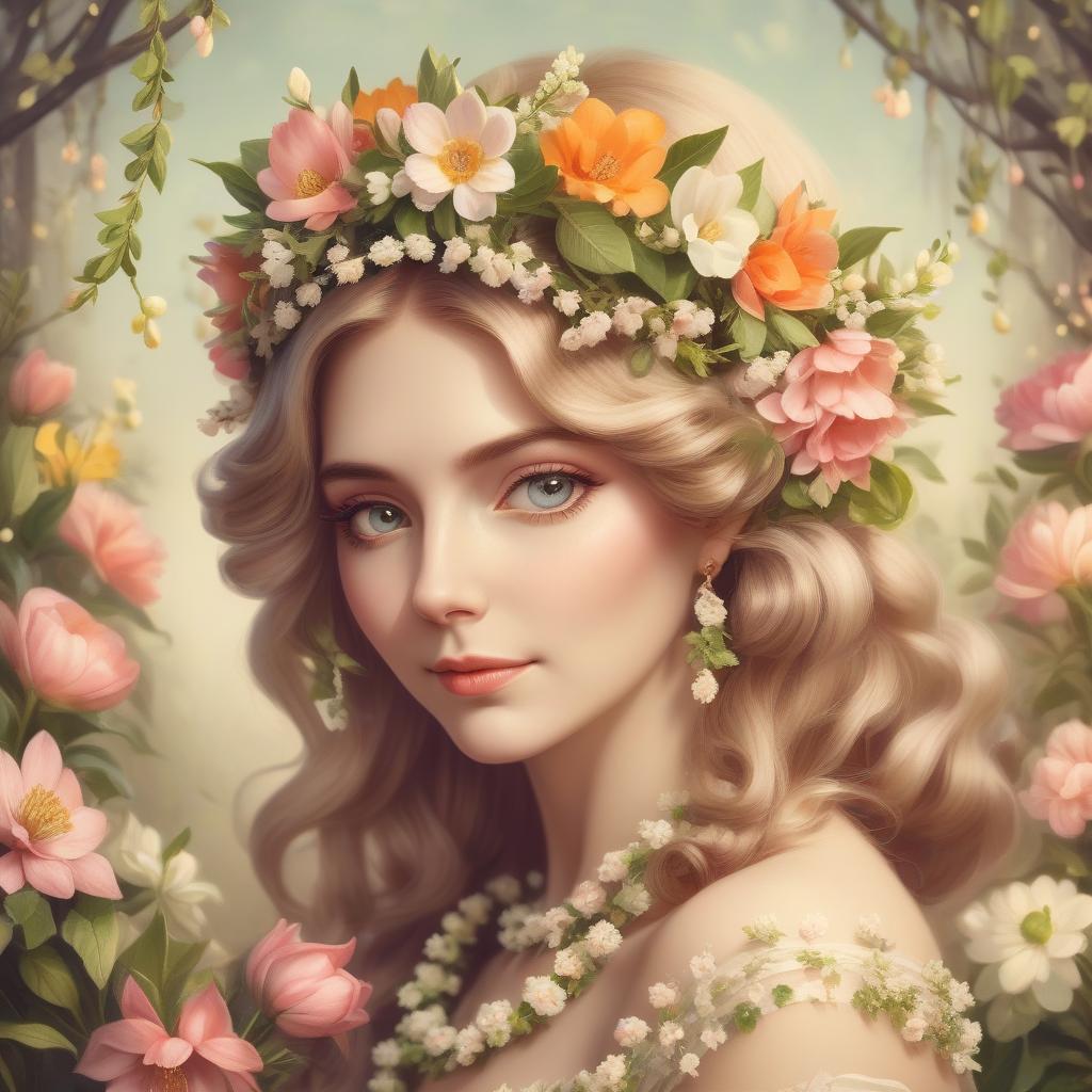  vintage spring queen portrait with flowers and flowers garland in the hair, warm atmosphere