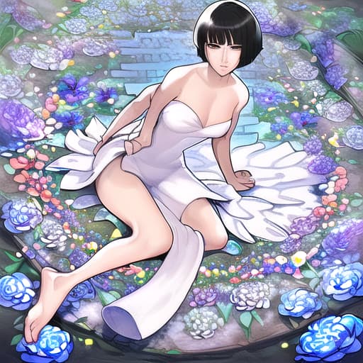  full_body,white_onepiece,bare_feet,bare_shoulders,wariza,white_hat,hold_flowers,short hair,black hair,good anatomy,best quality,masterpiece,beautiful,cute face,flower garden,beautiful,best quality,hrs