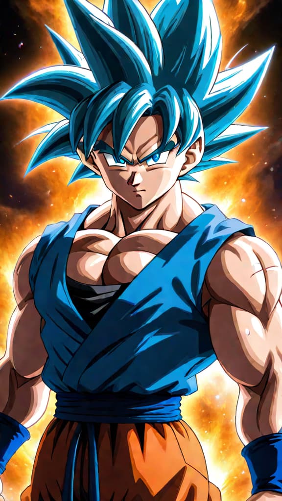  anime art: goku from dragon ball z fusing ultra instinct with super saiyan blue in a new form. hyperrealistic, full body, detailed clothing, highly detailed, cinematic lighting, stunningly beautiful, intricate, sharp focus, f/1. 8, 85mm, (centered image composition), (professionally color graded), ((bright soft diffused light)), volumetric fog, trending on instagram, trending on tumblr, HDR 4K, 8K