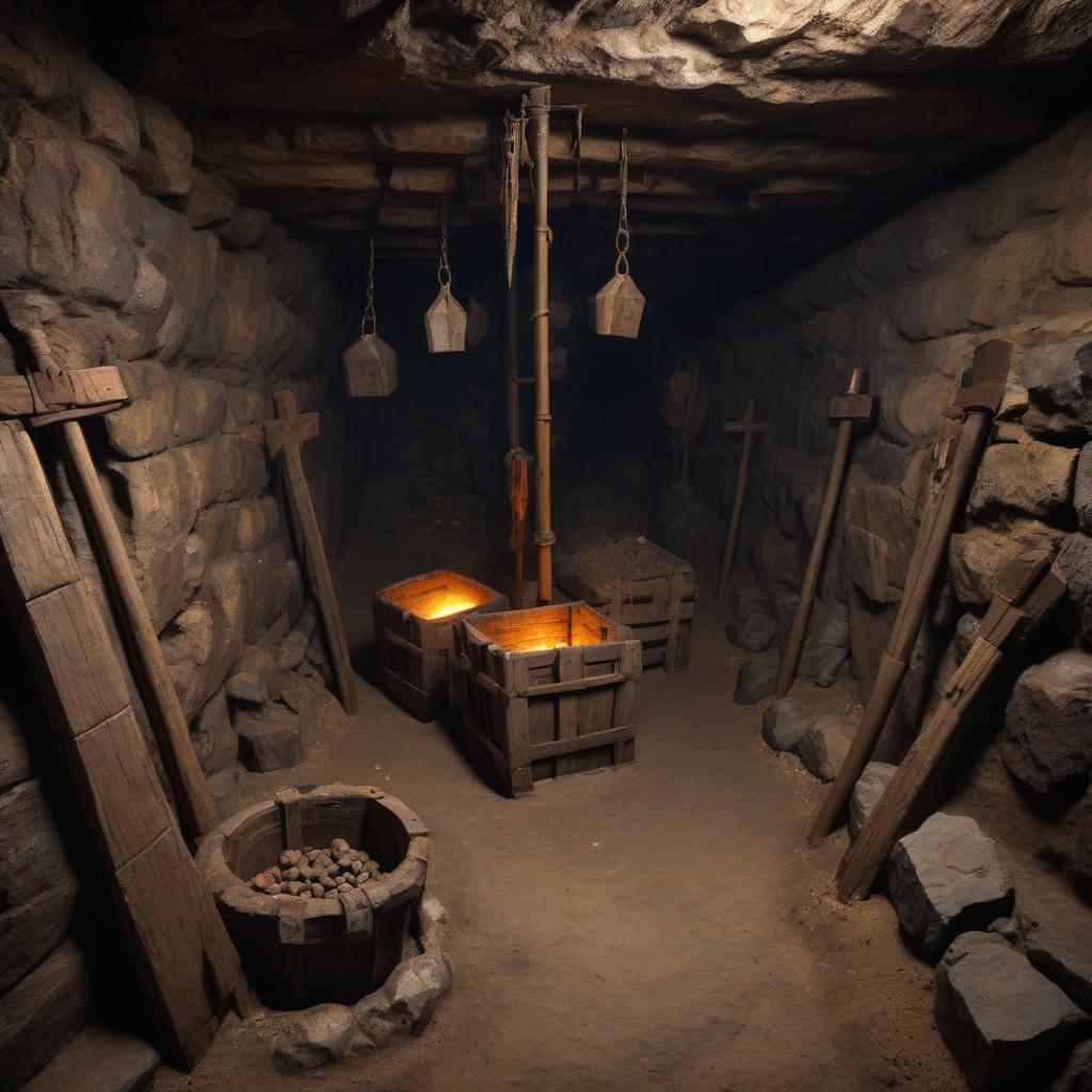  a medieval mine inside with ore and pickaxes