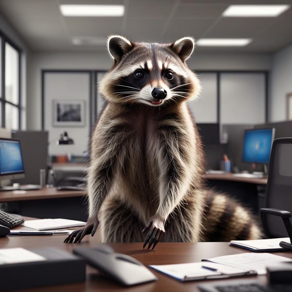  hyperrealistic art a raccoon with a pumped up body stands in the office . extremely high resolution details, photographic, realism pushed to extreme, fine texture, incredibly lifelike