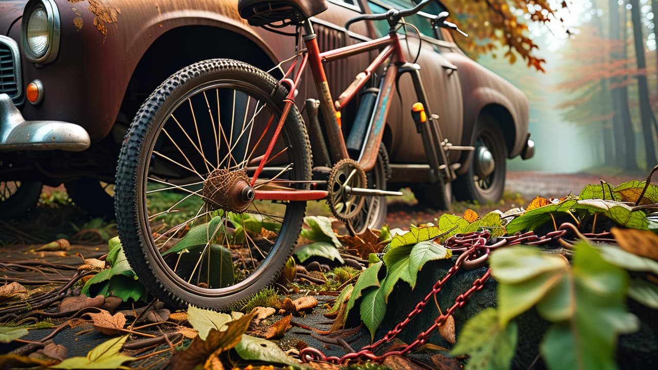  a neglected bicycle, covered in rust and grime, with a dry, cracked chain and dirt caked gears. surrounding debris includes fallen leaves and a puddle, highlighting the consequences of poor maintenance in a dimly lit garage. hyperrealistic, full body, detailed clothing, highly detailed, cinematic lighting, stunningly beautiful, intricate, sharp focus, f/1. 8, 85mm, (centered image composition), (professionally color graded), ((bright soft diffused light)), volumetric fog, trending on instagram, trending on tumblr, HDR 4K, 8K