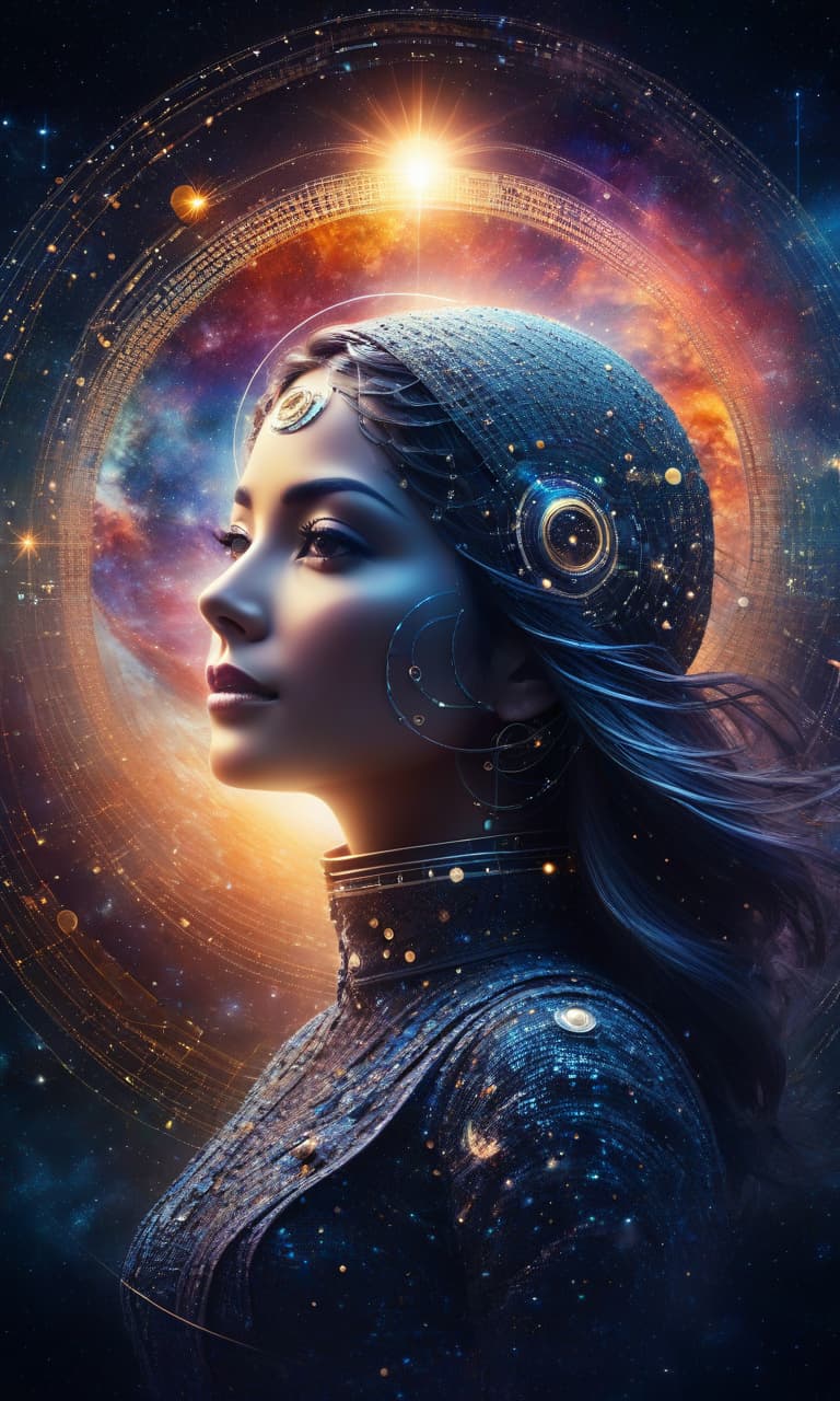  space themed professional photo, transparent silhouette of anthropomorphic female face, sunrise, sailing ship, multi layered image, series of networks, links, circles and dots with many bright flashes within each circle and dot, high detail, ultrahd . cosmic, celestial, stars, galaxies, nebulas, planets, science fiction, highly detailed