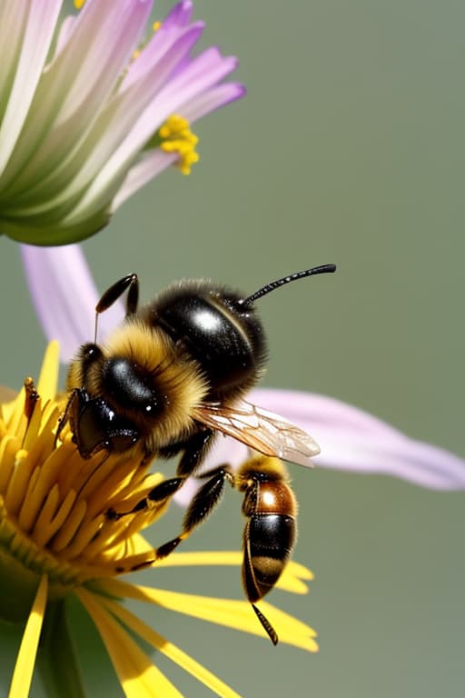  A bee with big details that looks from another planes resting on a flower on earth