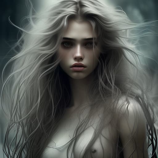  a girl with a brooding look, bloody hair, graceful and beautiful figure, high detail, soft light, artistic style, mysterious atmosphere