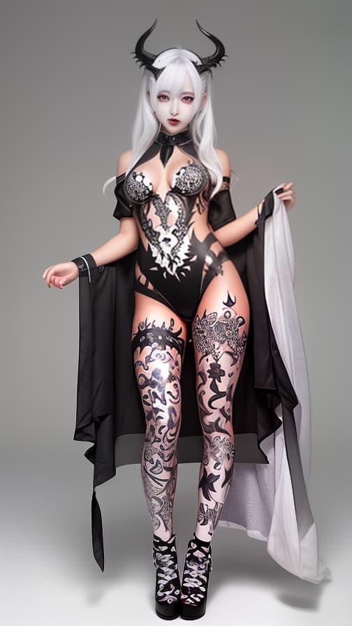  White and silver flame pattern body paint in every corner of the whole body, Black body paint full body, grey face paint on the face, two succubus, full body image 女性