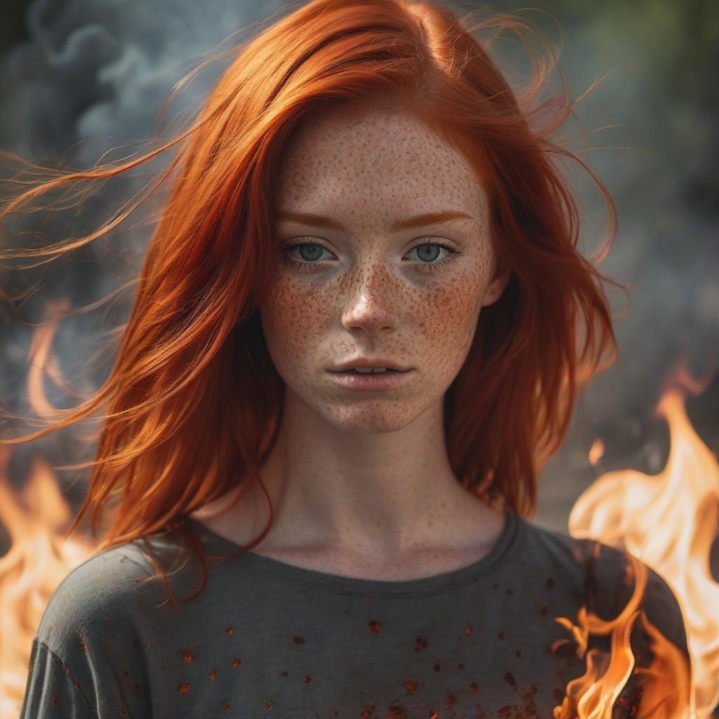  girl with red hair, freckles, burning in the fire