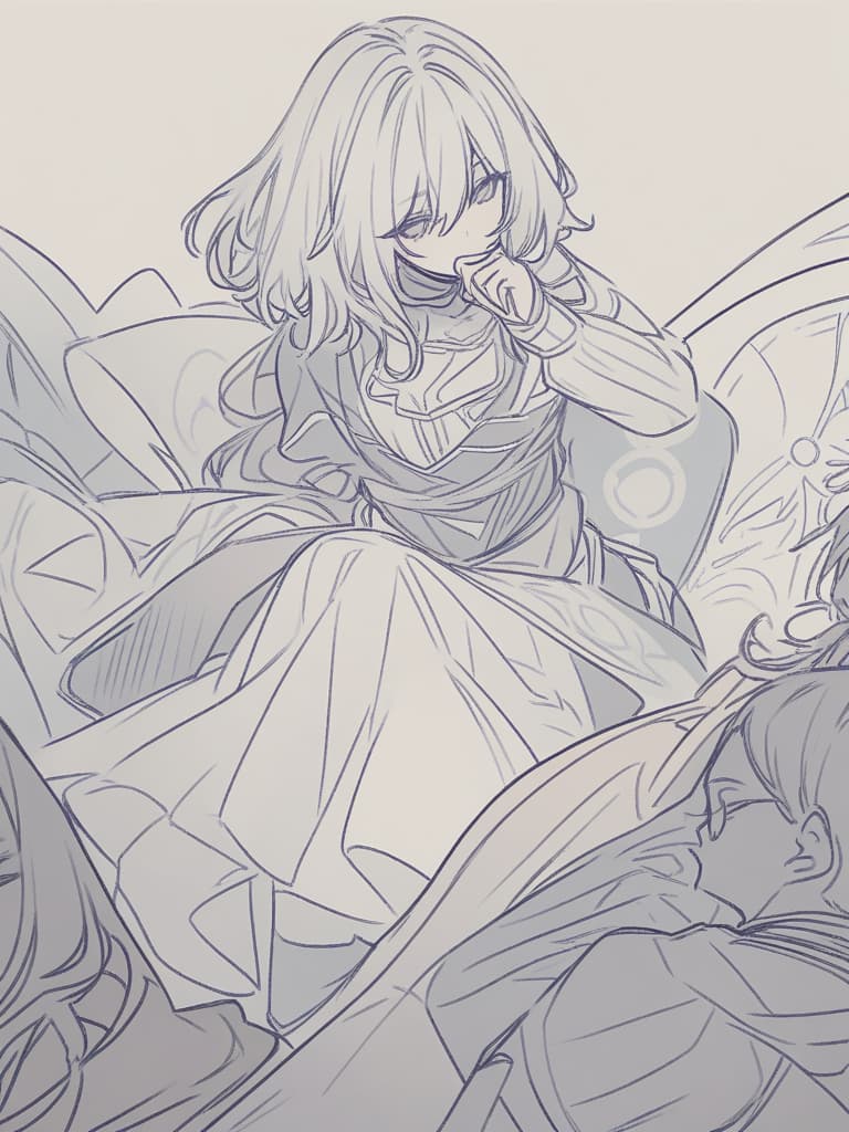  lineart, gray hair, man, throat buddha, sister like clothes, black clothes, tobacco, angel circles