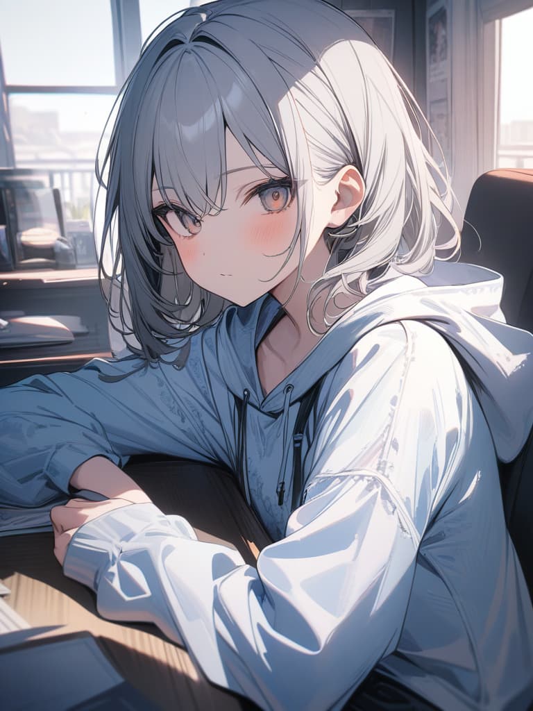  cute, subculture, gray hair, moe sleeve, odd eye, hoodie, light blue, angel, genius, masterpiece, best quality,8k,ultra detailed,high resolution,an extremely delicate and beautiful,hyper detail