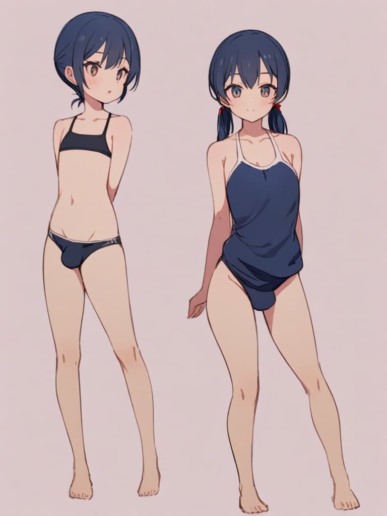  women's elementary students (male), twin tails, cute smiles, (rich s), low stature, dark blue swimwear, old swimwear, , simple (upward), male , (bulge), shaped clear , front , whole body, pool side,