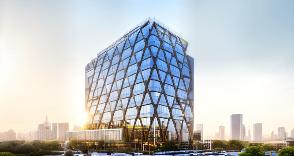 mdjrny-v4 style architecture, high quality, exterior perspective, time is noon, weather is sunny, 10 story office building at intersection, background is tokyo cityscape and blue sky, sanaa, generous exterior with balconies and cross bracing