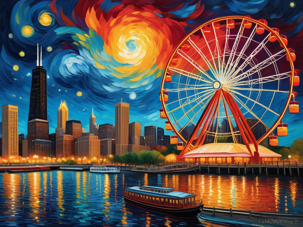  concept art chicago’s centennial ferris wheel, chicago’s navy pier, chicago skyline with prominent towers like willis, hancock, crains communication (slice building) with colorful van gogh swirls in the sky, van gogh's starry starry night with colorful red and orange swirls in the beautiful night sky, hyper realistic, chicago skyline, mesmerizing, intricate details, flambient golden and red sunrise, dramatic lighting, epic composition, wide angle, cinematic, masterpiece, high resolution, sharp details, best quality, 4k, raw photo, van gogh influence, studio lighting, impressionist, bold colors, starry sky, architectural elements, medium format lens, high angle, cityscape, city life, metropolitan, van gogh's brushstrokes, van gogh's shad