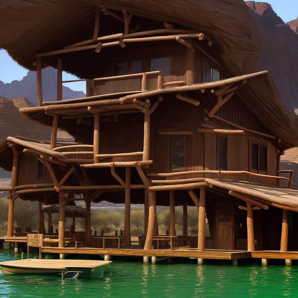  Masterpiece, best quality, a log cabin in the desert Resort, there are many boat houses in the resort, the boat house shape is relatively smooth, similar to fish, the background is an endless flat desert, no water around