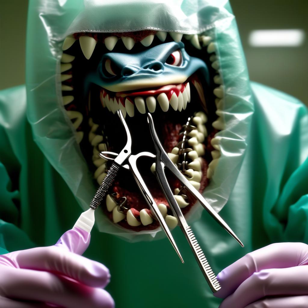  an action figure holding scissors and a hair brush hands in surgical gloves tightly grip surgical instruments, in the left hand forceps with "burdizzo" jaws, in the right hand "elastrator" with a stretched elastic band