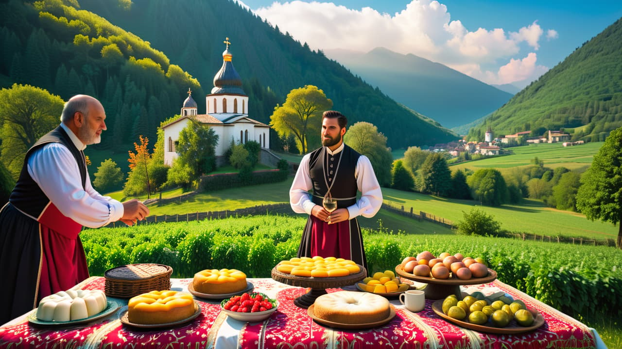  a vibrant scene showcasing traditional georgian dance, intricate folk costumes, a table laden with khachapuri and wine, and an ancient church in the backdrop, all set against a lush mountainous landscape. hyperrealistic, full body, detailed clothing, highly detailed, cinematic lighting, stunningly beautiful, intricate, sharp focus, f/1. 8, 85mm, (centered image composition), (professionally color graded), ((bright soft diffused light)), volumetric fog, trending on instagram, trending on tumblr, HDR 4K, 8K