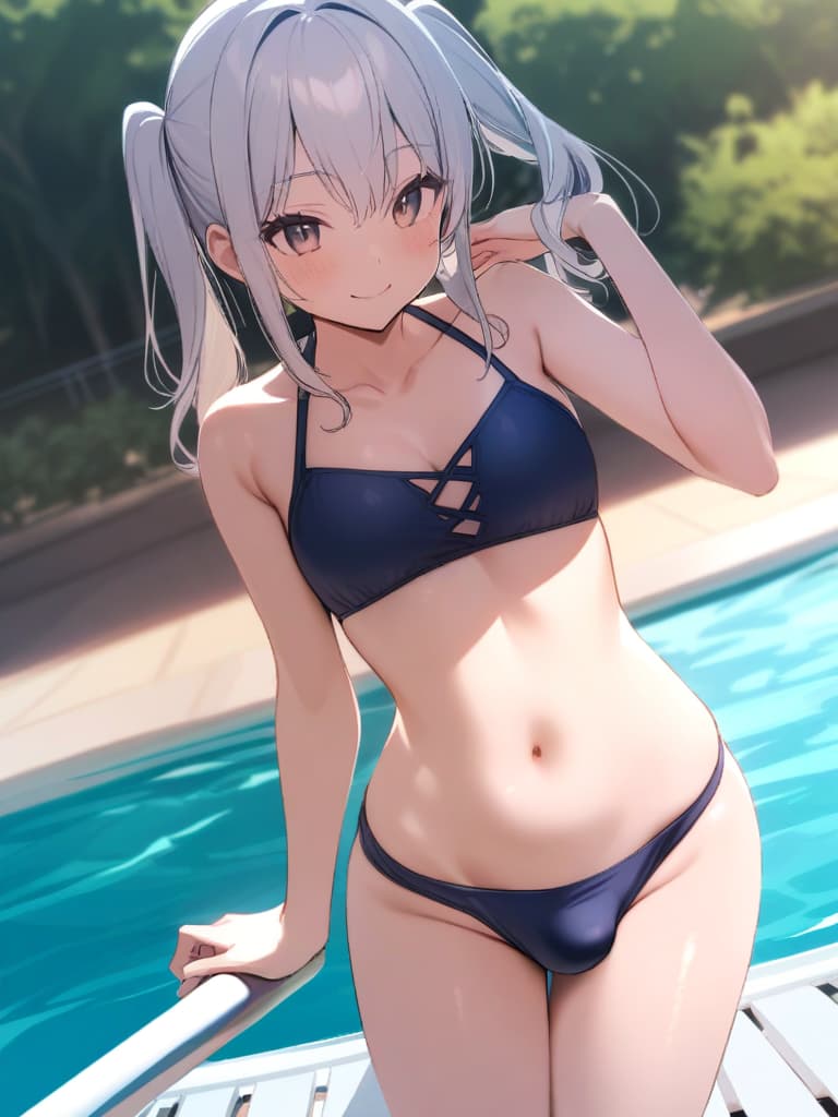  women's elementary students, twin tails, rich smiles, cute smiles, navy blue swimwear, old swimwear, swimwear, simple, male, shaped clear , shaped clear, clear stem, shaped crisp, male bulge,, front. the whole body, pool side,