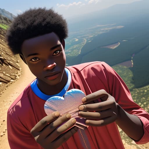  Ghanaian boy holding a heart in his hands on a mountain