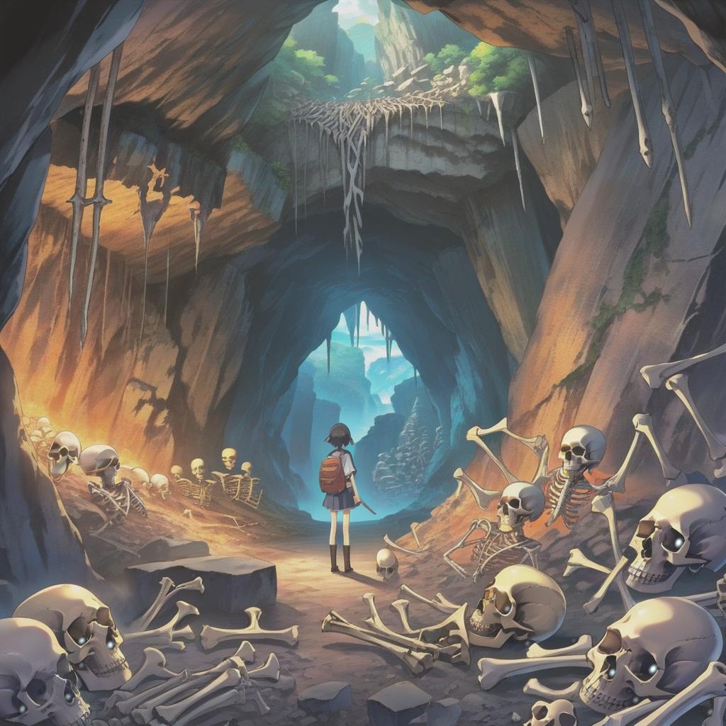  anime artwork a dark cave filled with bones . anime style, key visual, vibrant, studio anime, highly detailed