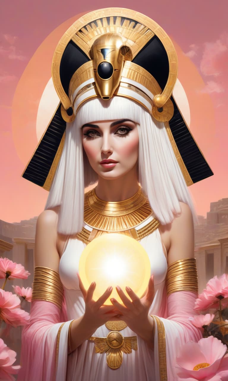  concept art pink, black, white, gold cleopatra holds the sun in her hands hair . digital artwork, illustrative, painterly, matte painting, highly detailed, perfect hands