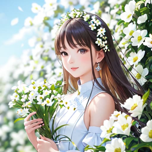  master piece , best quality,pretty girl, lots of white flowers.