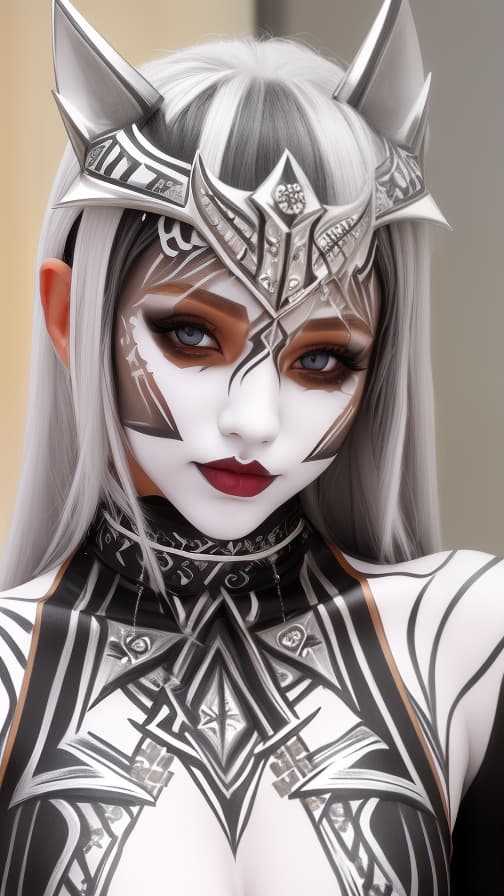  Silver Chessboard check body paint in every corner of the body, White body paint all over the body,White face paint on the face, Dark elf 女性