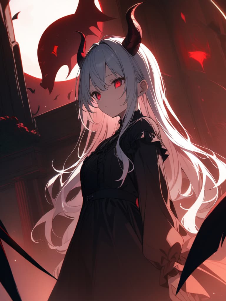  ((red eyes,beautiful girl,white hair,long hair,holding a rose,,cute,devil,devil's wings,devil's horns,lonely expression,red moon,full body,gothic ta,black frills,black dress,black feather headwear))、ultra detailed,best shadow,cute and beautiful face,(masterpiece:1.2),(best quality:1.2),detailed background,high contrast,(best illumination,an extremely delicate and beautiful),((cinematic light)),hyper detail,dramatic light,intricate details,8k,anime,very aesthetic