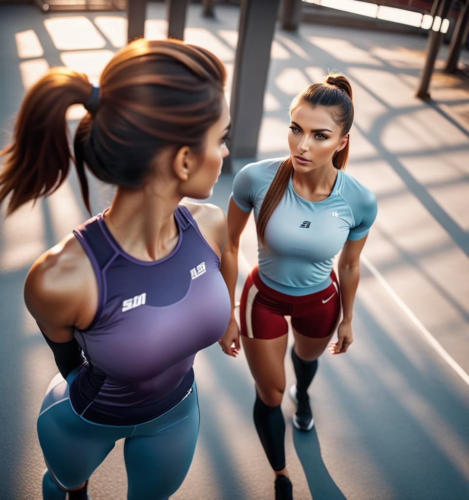  cinematic photo the look on the top, the two girls in sports clothes . 35mm photograph, film, bokeh, professional, 4k, highly detailed, perfecteyes hyperrealistic, full body, detailed clothing, highly detailed, cinematic lighting, stunningly beautiful, intricate, sharp focus, f/1. 8, 85mm, (centered image composition), (professionally color graded), ((bright soft diffused light)), volumetric fog, trending on instagram, trending on tumblr, HDR 4K, 8K