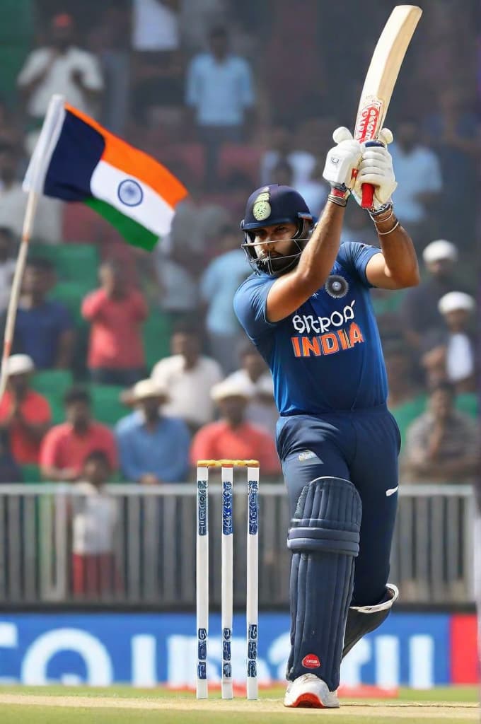  an athletic indian cricketer, resembling rohit sharma, is mid action during a cricket match, wearing a navy blue jersey with white accents. he is in the midst of executing a powerful pull shot, sending the ball flying through the air. the stadium in the background is packed with enthusiastic fans waving the indian flag. the cricketer has a focused expression, with the bright stadium lights illuminating the scene, and the lush green pitch contrasts with the blue of his uniform.", realistic, portrait, art by donato giancola and greg rutkowski, realistic face, digital art, trending on artstation hyperrealistic, full body, detailed clothing, highly detailed, cinematic lighting, stunningly beautiful, intricate, sharp focus, f/1. 8, 85mm, (centered image composition), (professionally color graded), ((bright soft diffused light)), volumetric fog, trending on instagram, trending on tumblr, HDR 4K, 8K