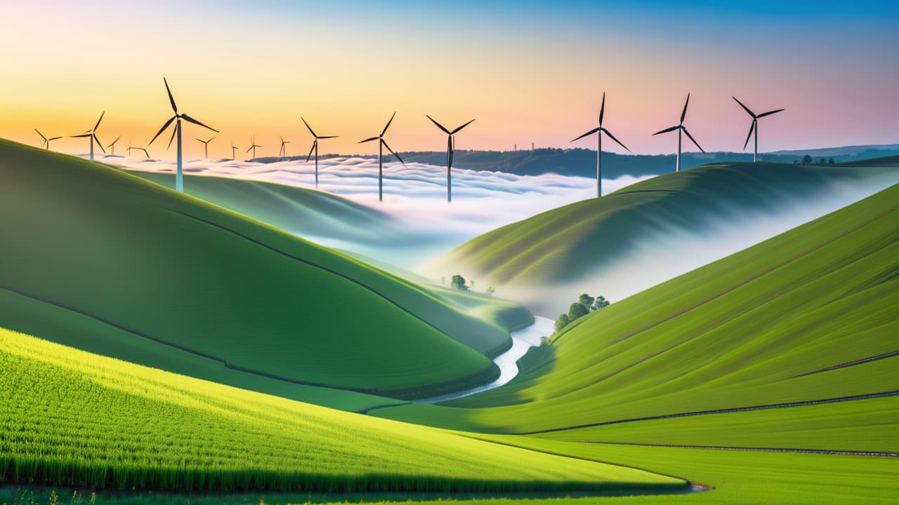  a serene landscape featuring a wind farm on rolling hills, solar panels glistening under the sun, a flowing river with a hydroelectric dam, and a geothermal plant with steam rising amidst lush greenery. hyperrealistic, full body, detailed clothing, highly detailed, cinematic lighting, stunningly beautiful, intricate, sharp focus, f/1. 8, 85mm, (centered image composition), (professionally color graded), ((bright soft diffused light)), volumetric fog, trending on instagram, trending on tumblr, HDR 4K, 8K