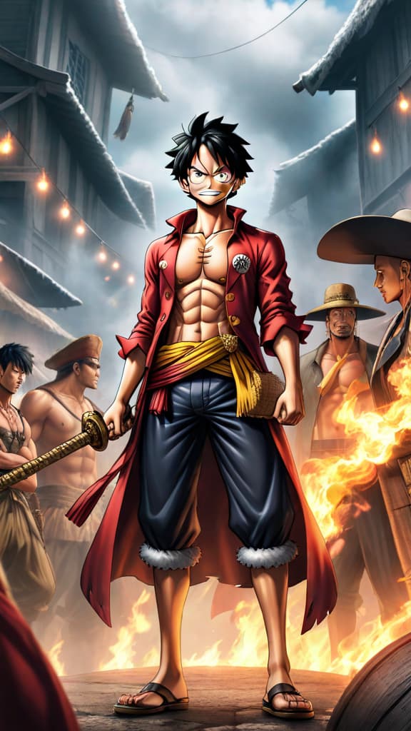  anime art, one piece, luffy standing between revolutionary army and world government, symbolizing rebellion and potential disaster hyperrealistic, full body, detailed clothing, highly detailed, cinematic lighting, stunningly beautiful, intricate, sharp focus, f/1. 8, 85mm, (centered image composition), (professionally color graded), ((bright soft diffused light)), volumetric fog, trending on instagram, trending on tumblr, HDR 4K, 8K