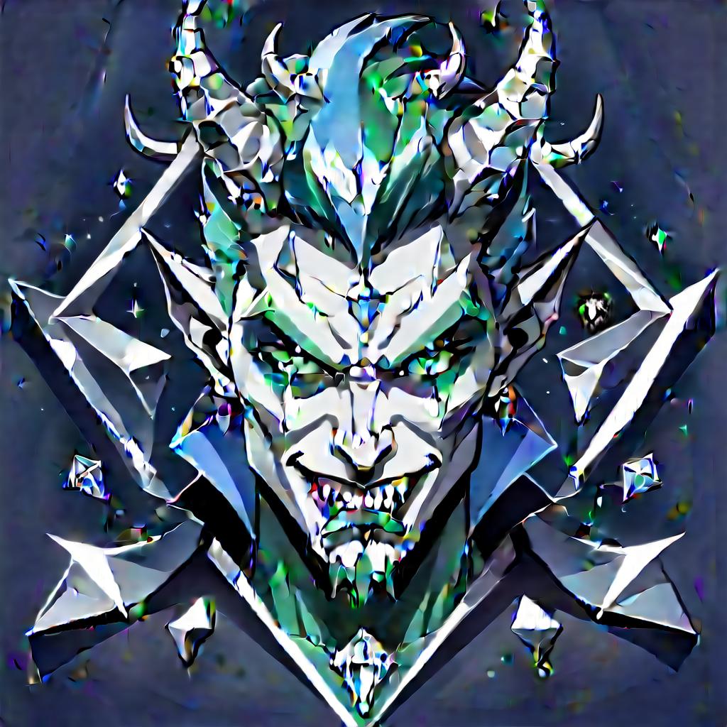  minimalist style diamond devil, portrait. dark green eyes, man. kind. hair gray. with fangs and horns. colors blue, blue, silver . simple, clean, uncluttered, modern, elegant