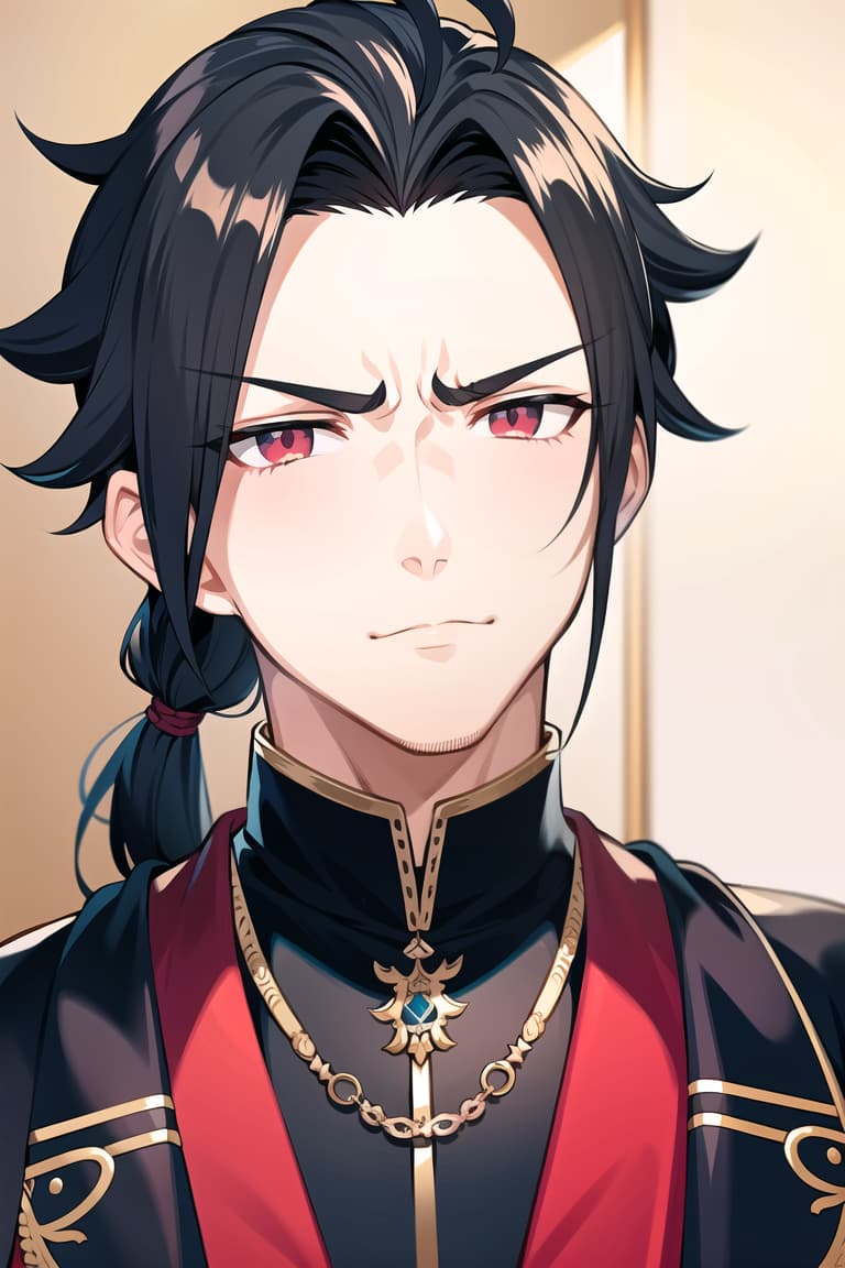  master piece , best quality,image/the character "felix" from the game fire emblem three houses.he is man. his hairstyle is a short black ponytail. he has red, slanted eyes. he has a furrowed brow, which makes him look a bit intimidating. he has his hair tied up high. he has wrinkles under his eyes.