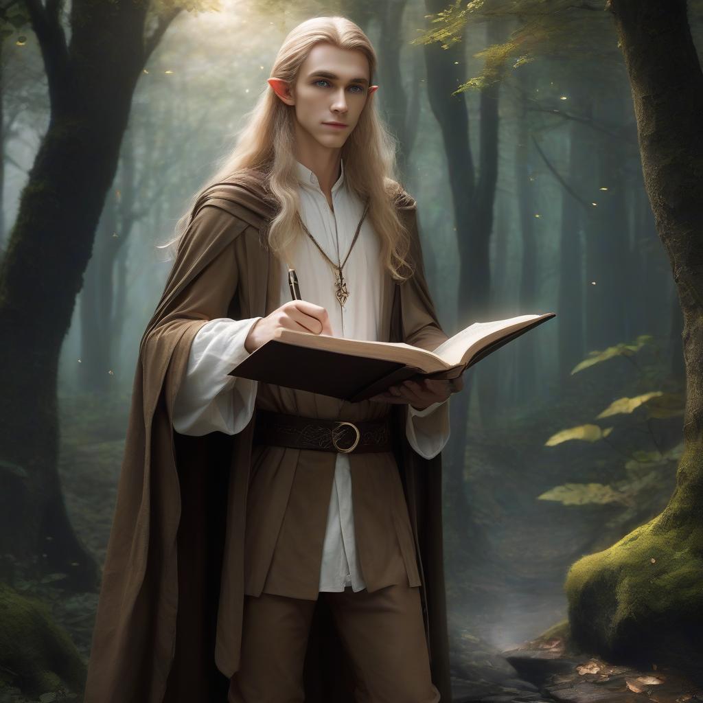  a very beautiful low and slender elf with light skin, long straw hair and blue eyes is dressed in a white shirt and brown pants, a brown cloak hangs on his shoulders, magic holds an open book, a pen with ink flies nearby, a gloomy forest, hkmagic