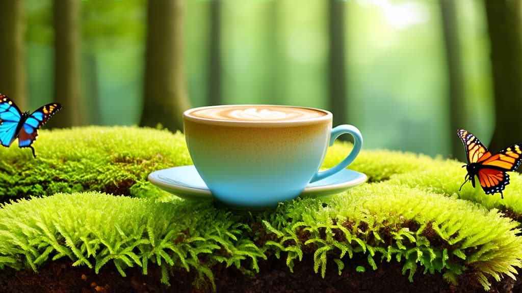  cappuccino cup next to the simplest cute microscopic, hyperrealism, hyperdetailed moss in fairy forest with huge butterflies, professional macro photography of a microscopic life form ar 16:9 {prompt}, maximum details