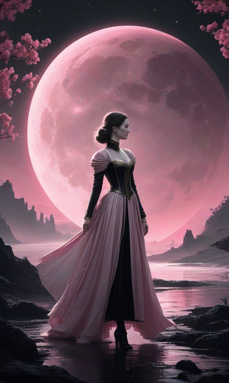  concept art color pink, white, black, gold moonlight boris moiseyev . digital artwork, illustrative, painterly, matte painting, highly detailed, perfect hands