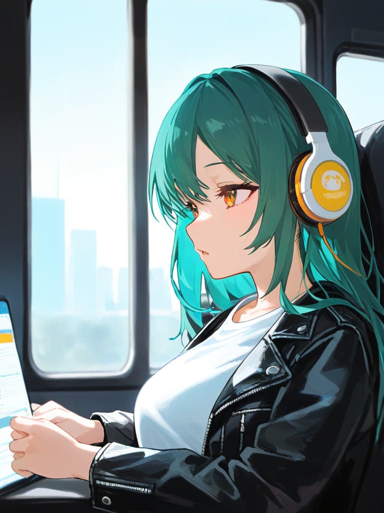  (cool beautiful girl:1.5)(green hair color:1.5)(long hair:1.7)(headphone🎧:1.7)(in white t shirt and black leather jacket:2.0)(on train:1.2)(upper body only)masterpiece,high quality,16k,super analysis