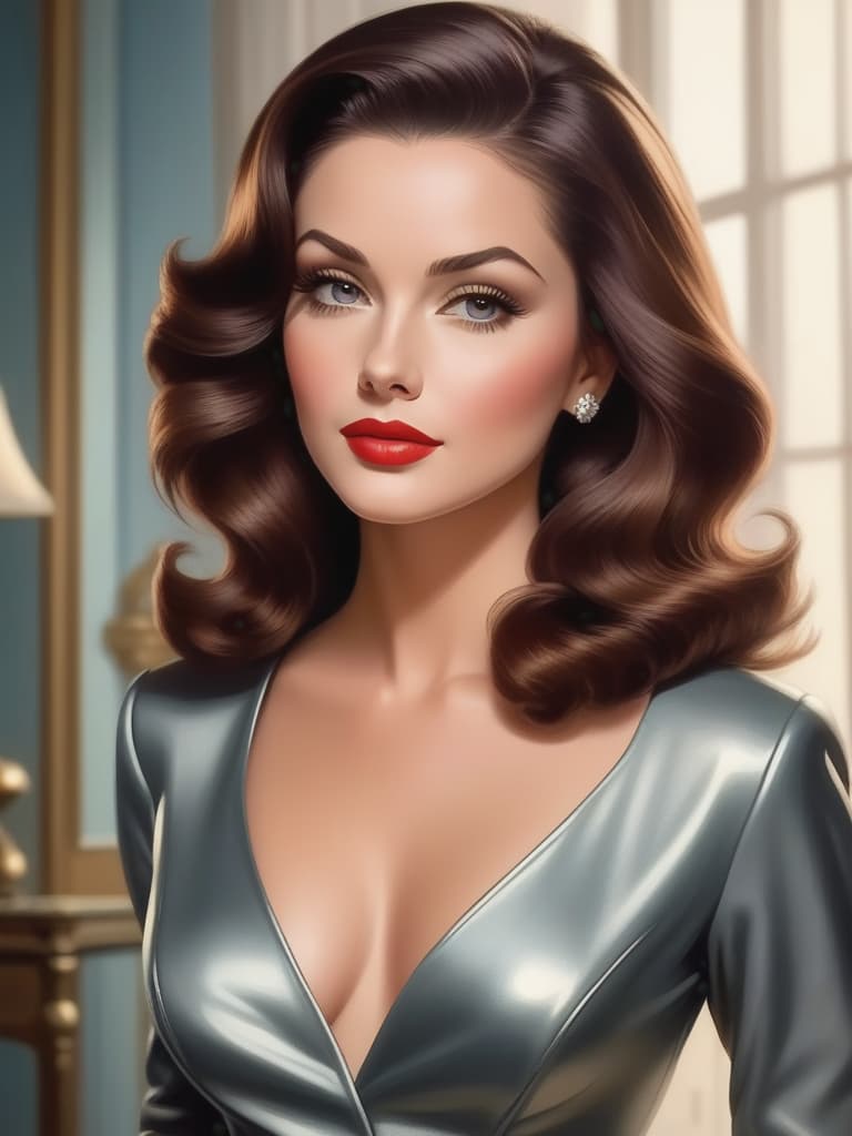  create an image of a striking young woman with clasic mid 20th century beauty. she has brown, shoulder length hair, styled in soft, elegant waves, typical of the 1950s or 1960s glamour. her eyes are a bright, piercing light gray, framed by dark, well defined brows, giving her an intense yet sophisticated gaze. her facial features are sharp and refined, with high cheekbones, a strong jawline, and full lips. she has a tall and athletic figure, standing confidently, with an air of elegance and strength, reflecting her famous roles. dress her in a tailored, form fitting outfit, like a sleek, high fashion dress or a vintage leather jacket, evoking her iconic roles in action and spy films. the overall mood should radiate confidence, grace, and a 