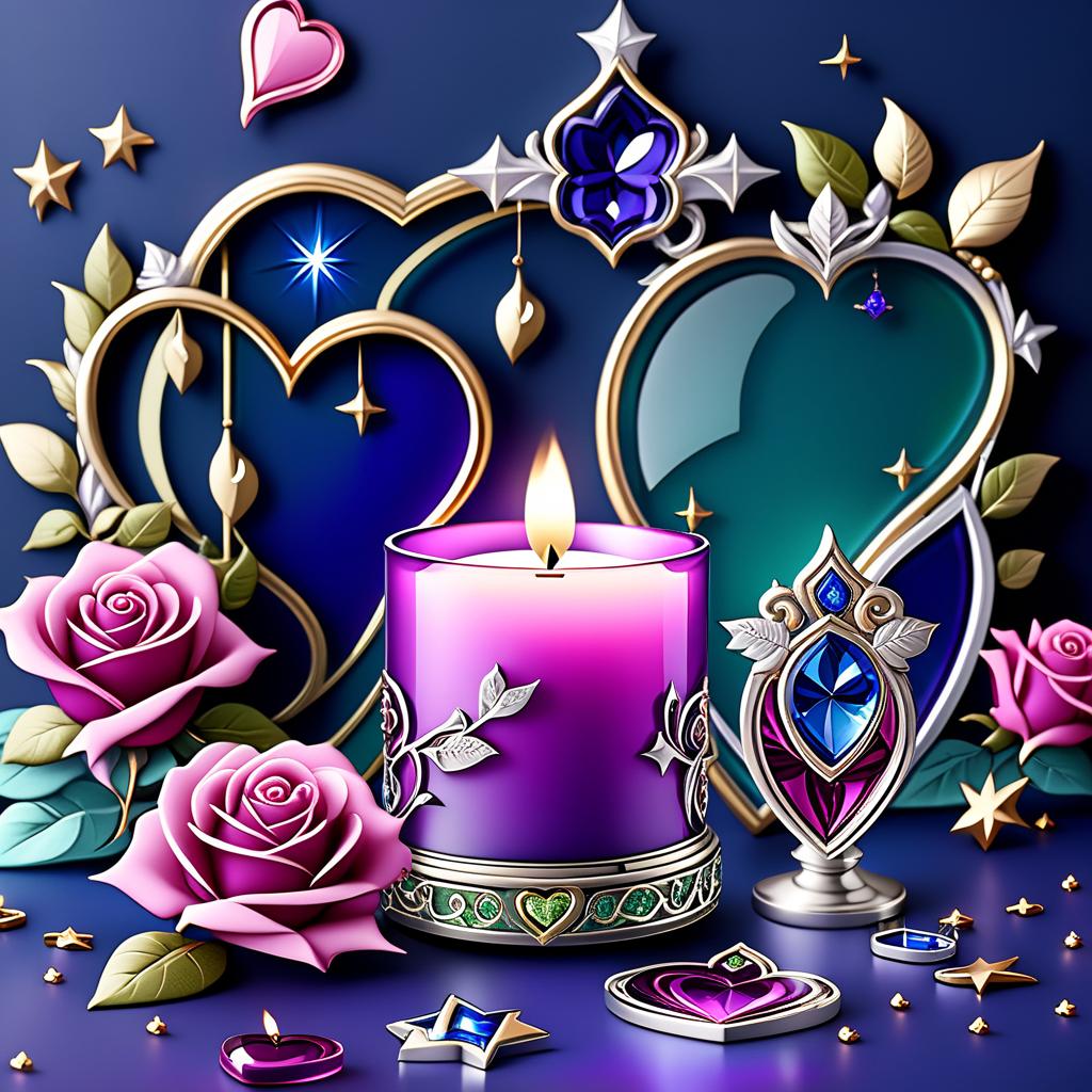  luxury product style (background):colour:violet blue. (background decoration):silver frames in the shape of hearts and gold fancy stars. (centre):glass square pink candlestick and lighter decorated with fancy roses. (rose colour):pink, dark pink, with cream border. (leaf colour):dark green, green blue, light green. (style):fantasy, fantasy art design, jewellery, interior. . elegant, sophisticated, high end, luxurious, professional, highly detailed