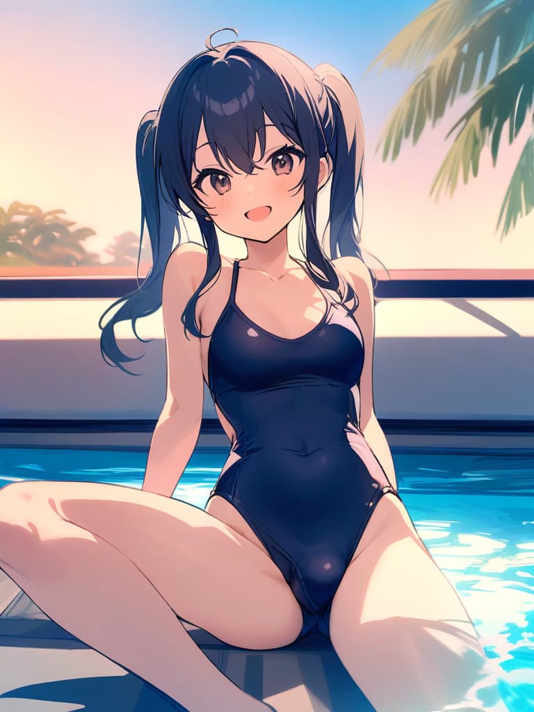  women's elementary students, twin tails, rich smiles, cute smiles, navy blue swimwear, old swimwear, swimwear, simple, male, shaped clear , shaped clear, clear stem, shaped crisp, male bulge,, front. the whole body, pool side,