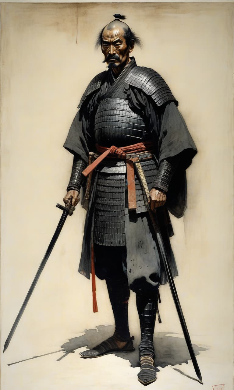  a tall, thin samurai of indeterminate age, in full quality black samurai armor. sickly pale white skin, (sharp predatory features, his face looks exhausted), there are dark circles under his eyes from fatigue, (long black hair with rare gray strands). his whole appearance makes a gloomy and stern impression. by howard pyle, (dim, watercolor 2 but extremely beautiful:1.4), (intricate details, masterpiece, best quality:1.4) , in the style of nicola samori, japanese style ink drawing, ink drawing, ink wash, japanese style ink drawing, looking at viewer