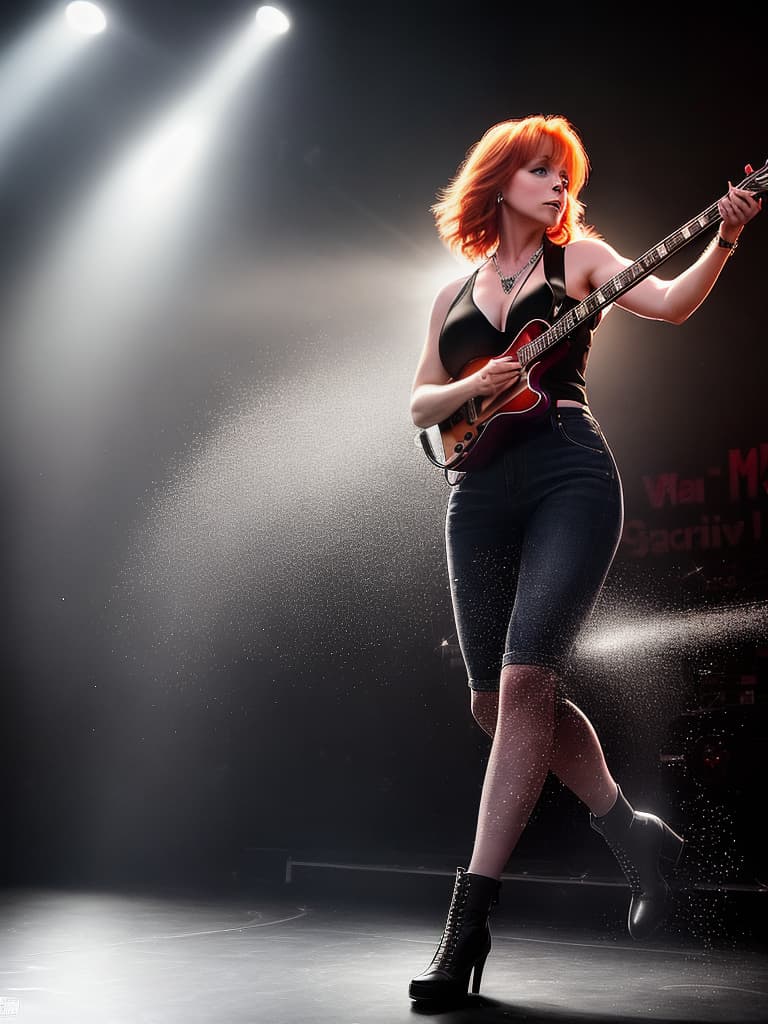  A younger, Country singer, Reba McEntire, on stage, medium shot, upper body, spotlight, long exposure lighting, street art style spray paint, glamour lighting