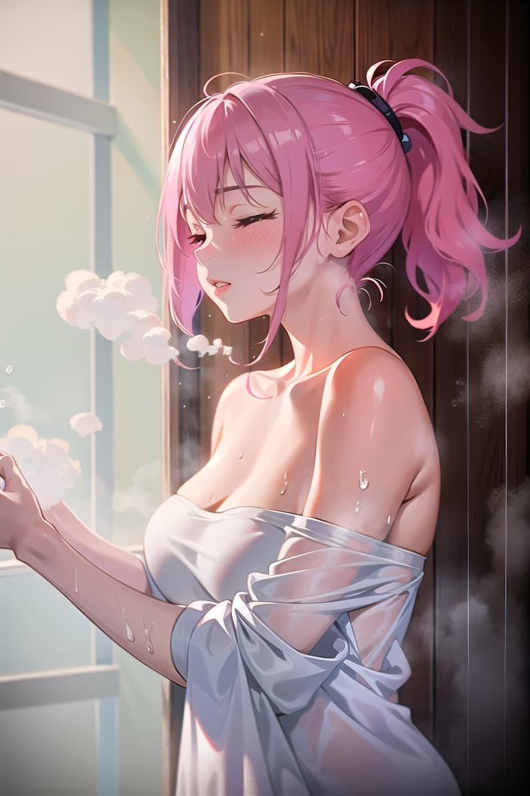  r 18, , middle , pink haired ,ponytail,large eyes,A woman, alone in a steamy shower, stands with eyes closed, savoring the warm water. , Her face tilts up, lips parted. The camera captures her from the side, showcasing the streaming water and rising steam.