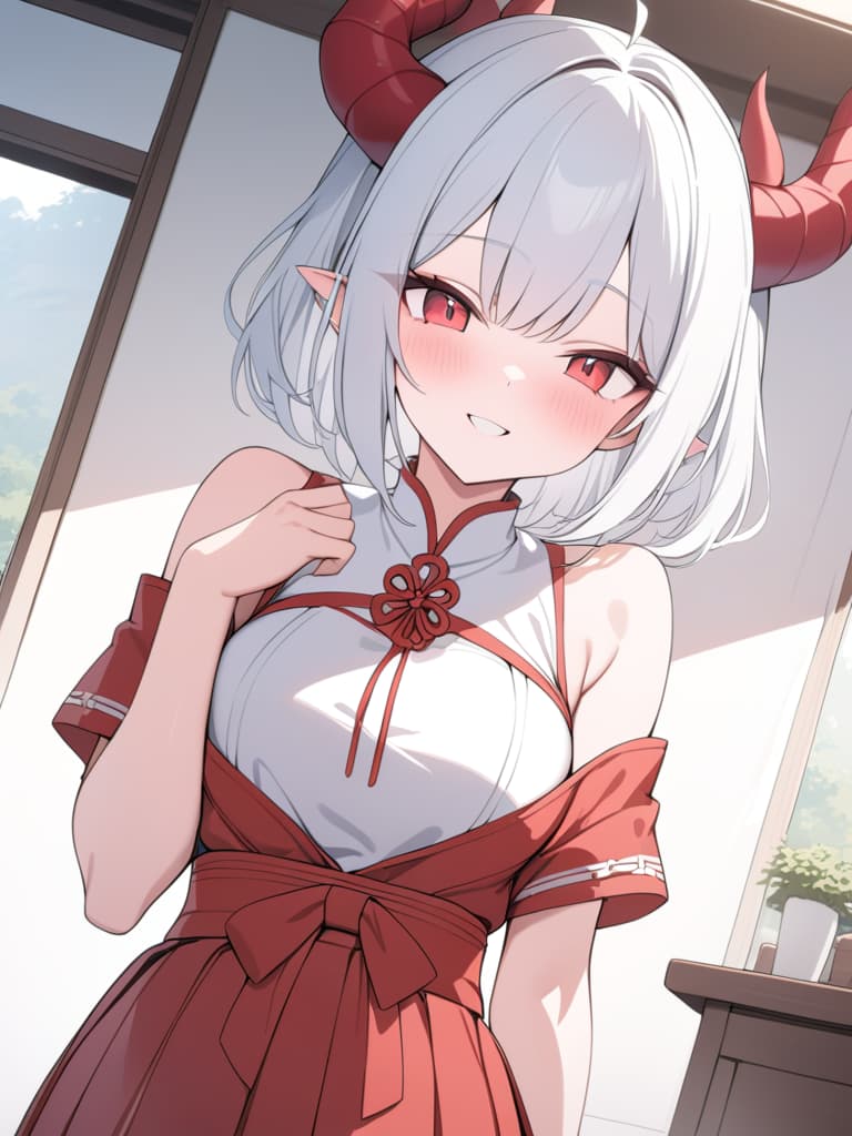  there are horns, girls, sharp ears, hakama, hits, short hair, white hair, dragon's daughter, red and white hakama, red eyes, cute, smiles, cheerful, masterpiece, best quality,8k,ultra detailed,high resolution,an extremely delicate and beautiful,hyper detail