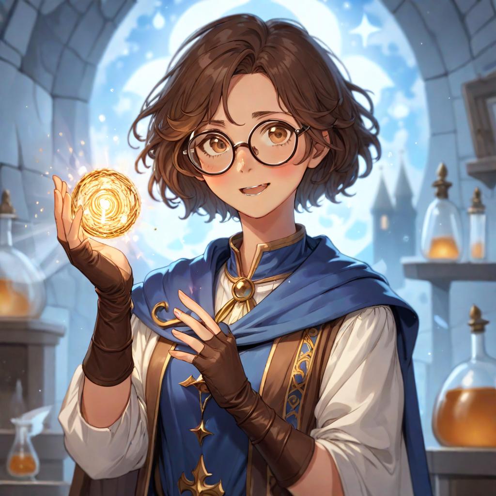  manga artwork gleeful girl wizard that is also an alquimist, she's wearing a white and brown attire with a blue cape. she has shor, brown wavy hair and big round glasses. anime rpg style . manga artist. manga, highly emotional. best quality, high resolution