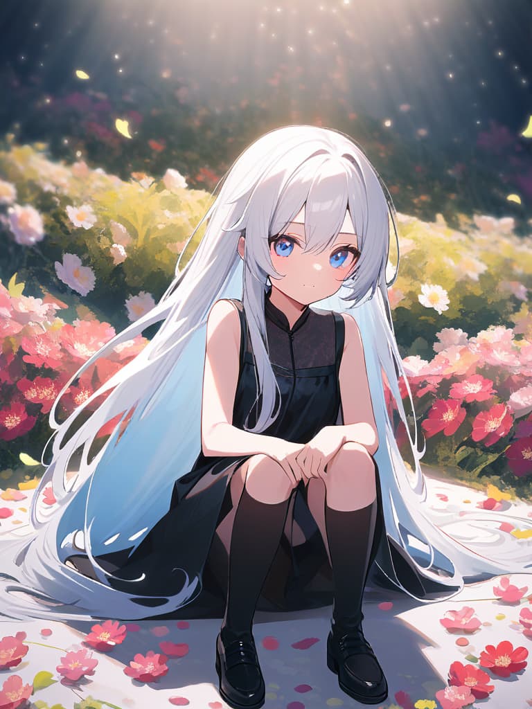  (beautiful girl:1.7)((beautiful white hair:2.0))(long hair:2.0)(gentle blue eye color:2.0)(smile:2.0)(blue mini length dress:2.0)(in black knee highs:2.0)(from knees up:2.0)(in cosmos field of flowers:2.0)masterpiece,high quality,super analysis,16k