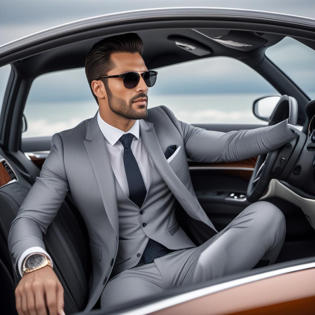  A professional business photo of a man inside a modern vehicle. He is wearing a suit and tie instead of the casual black shirt. His expression remains confident and approachable, and his sunglasses are replaced by clear, stylish glasses. The car interior looks clean and sophisticated. The lighting provides a polished and professional look, suitable for a corporate profile or business context. hyperrealistic, full body, detailed clothing, highly detailed, cinematic lighting, stunningly beautiful, intricate, sharp focus, f/1. 8, 85mm, (centered image composition), (professionally color graded), ((bright soft diffused light)), volumetric fog, trending on instagram, trending on tumblr, HDR 4K, 8K