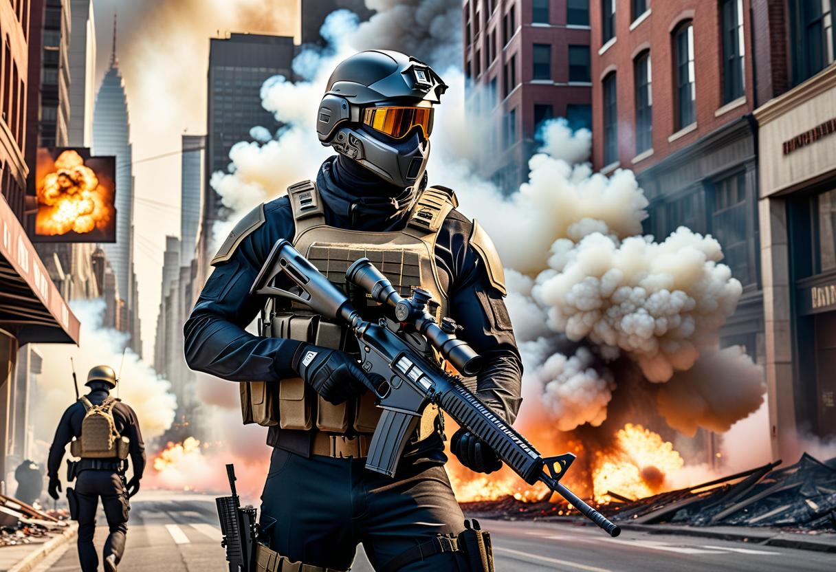  hyperrealistic art a man in a helmet with a arm sniper rifle on his shoulder against the backdrop of the city streets and the distant explosion . extremely high resolution details, photographic, realism pushed to extreme, fine texture, incredibly lifelike hyperrealistic, full body, detailed clothing, highly detailed, cinematic lighting, stunningly beautiful, intricate, sharp focus, f/1. 8, 85mm, (centered image composition), (professionally color graded), ((bright soft diffused light)), volumetric fog, trending on instagram, trending on tumblr, HDR 4K, 8K