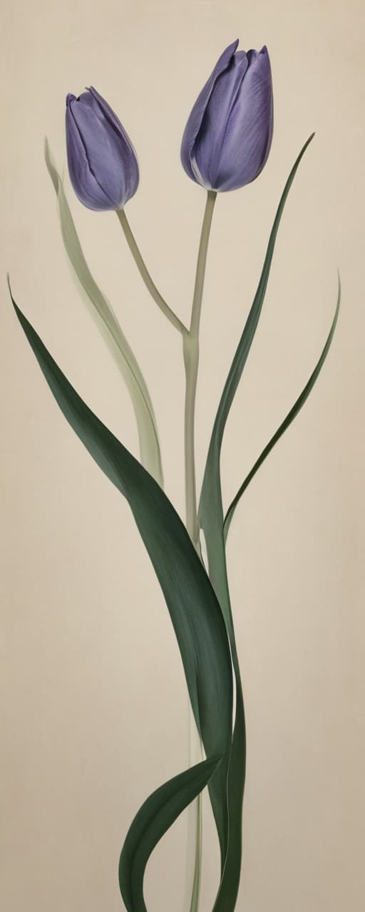  minimalism, the images features individual tulipd and leaves each illustrated with fine detail, highlighting their unique textures and curvature. the tulips vary, each carrying its own distinct form, emphasizing their organic and fluid shapes., abstract, simple geometic shapes, hard edges, sleek contours, minimalism